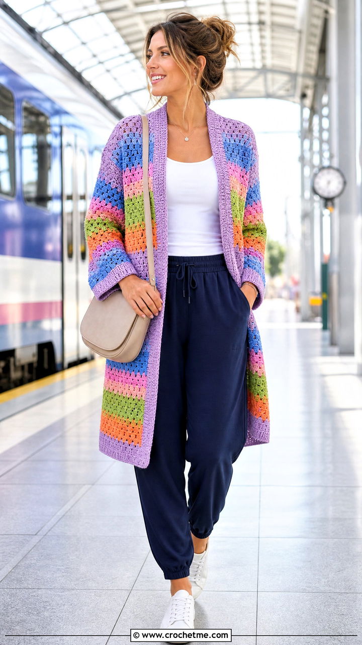 Rainbow Stripe Hexi Cardi With Harem Pants - 35 crochet hexi cardi outfit ideas
