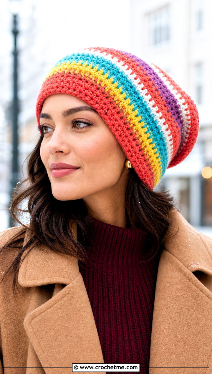 Rainbow Stripe Slouchy Crochet Beanie With Sweater Dress - 15 Striped Slouchy Crochet Beanie outfit ideas