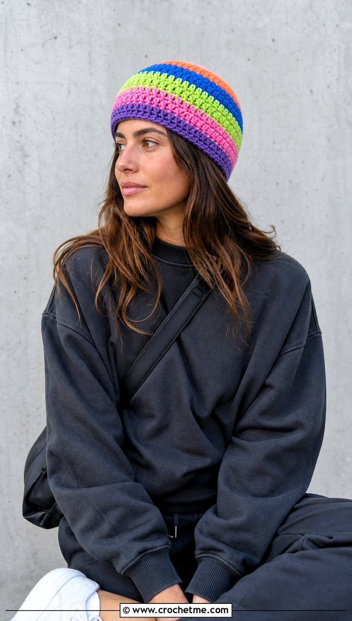 Rainbow Striped Crochet Beanie With Monochrome Outfit - 25 striped crochet beanie outfit ideas