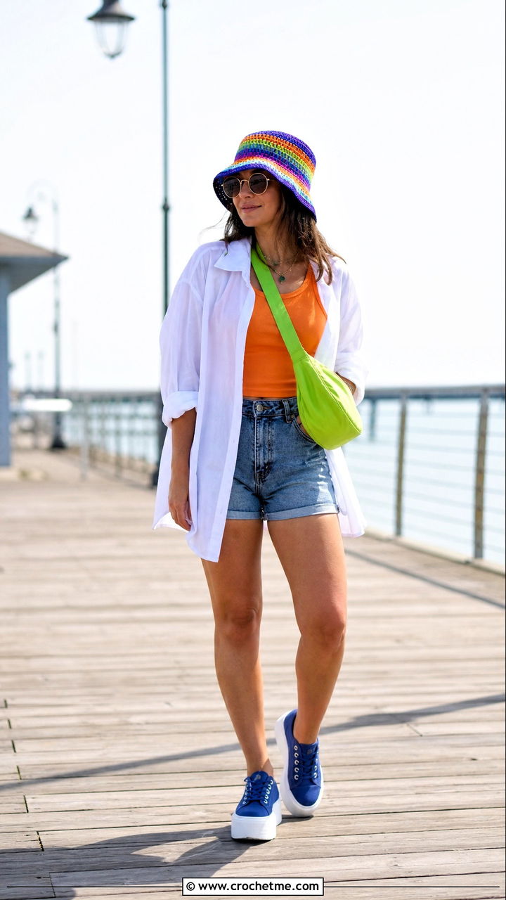 Rainbow Striped Crochet Bucket Hat With Denim Shorts - 35 crochet bucket hat outfit ideas
