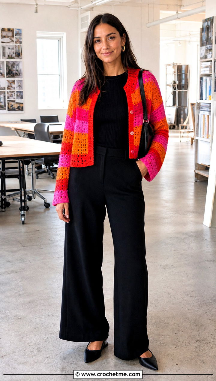 Rainbow Striped Crochet Cardigan With Black Trousers - 25 Rainbow Crochet Cardigan outfit ideas