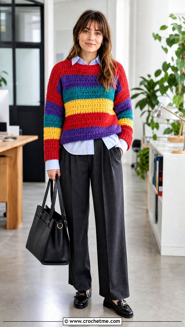 Rainbow Striped Crochet Crewneck Sweater With Tailored Pants - 15 bright rainbow crochet sweater outfit ideas