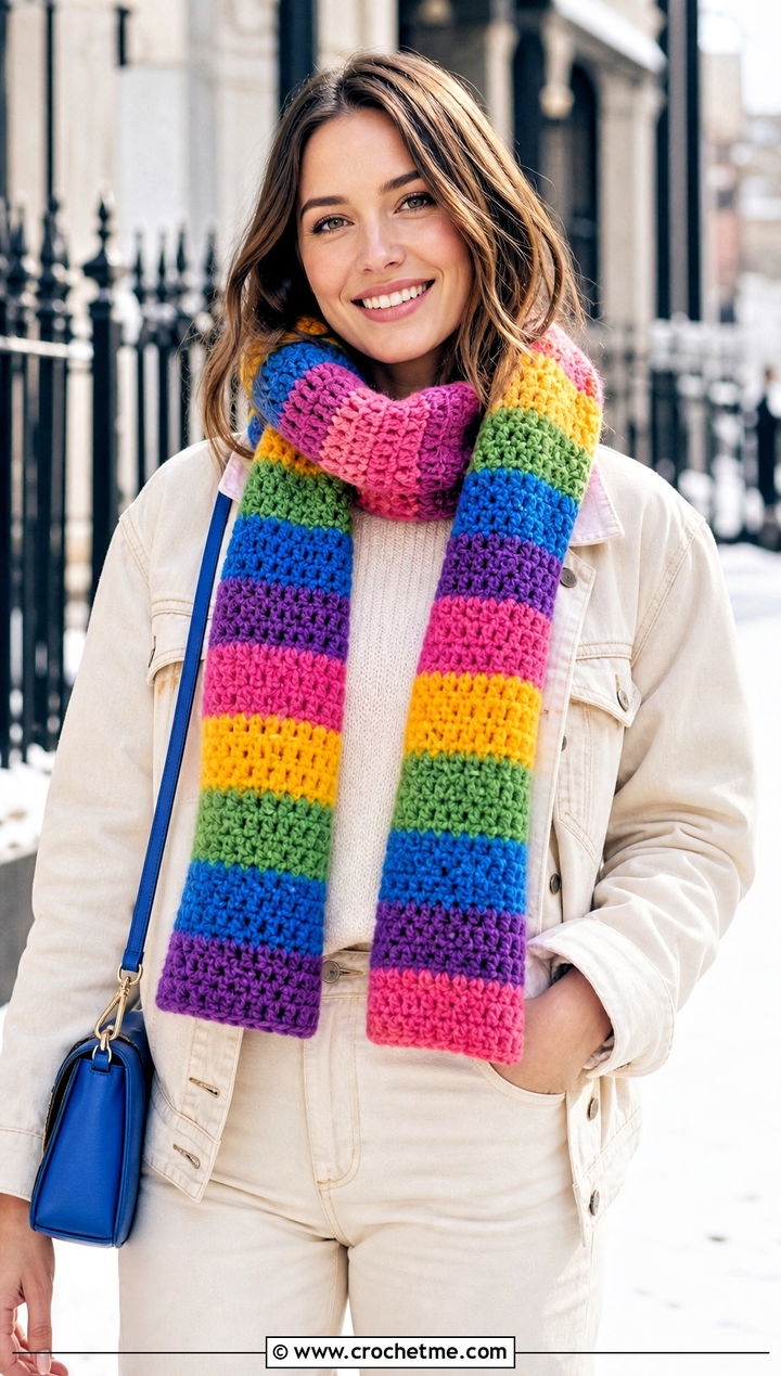 Rainbow Striped Crochet Scarf With White Outfit - 30 striped crochet scarf outfit ideas