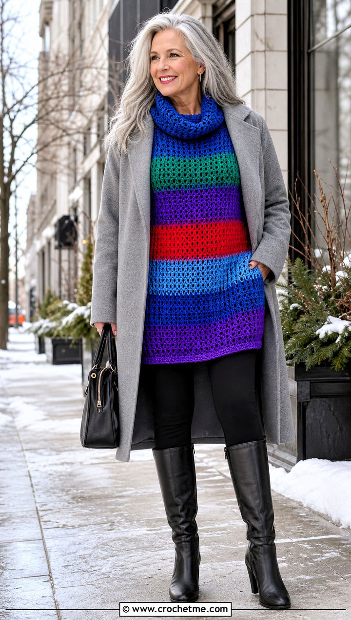 Rainbow Striped Crochet Sweater Tunic With Leggings And Tall Boots - 15 rainbow striped crochet sweater outfit ideas