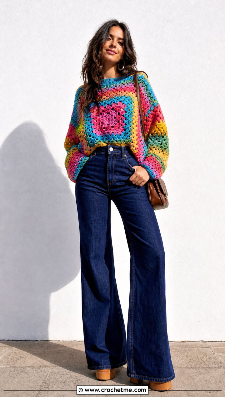 Rainbow Tapestry Crochet Jumper With Dark Denim Flares - 30 Tapestry Crochet Jumper outfit ideas