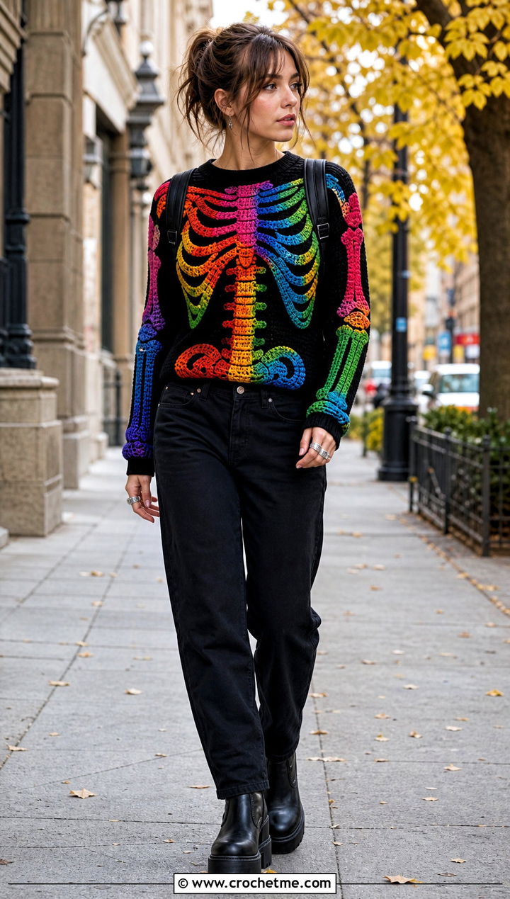 Rainbow Tapestry Crochet Skeleton Sweater With Black Jeans - 30 Crochet Skeleton Sweater outfit ideas