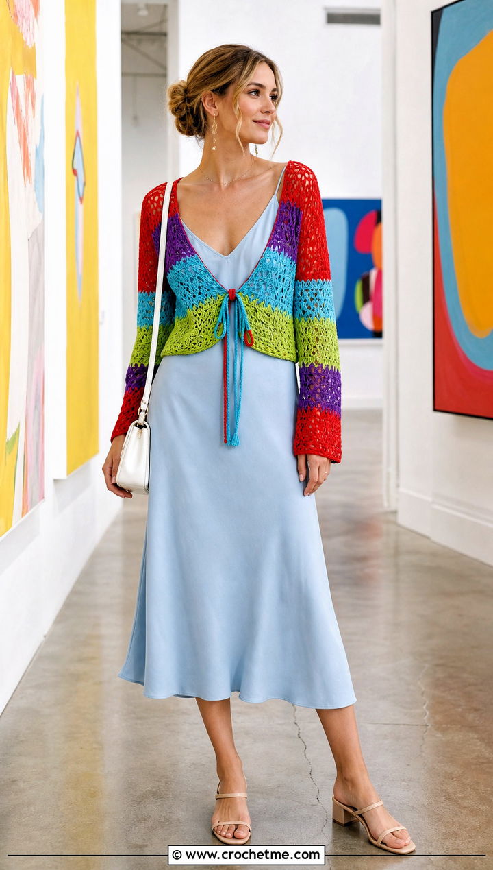 Rainbow Tie Front Crochet Top With Slip Dress - 15 rainbow crochet summer top outfit ideas