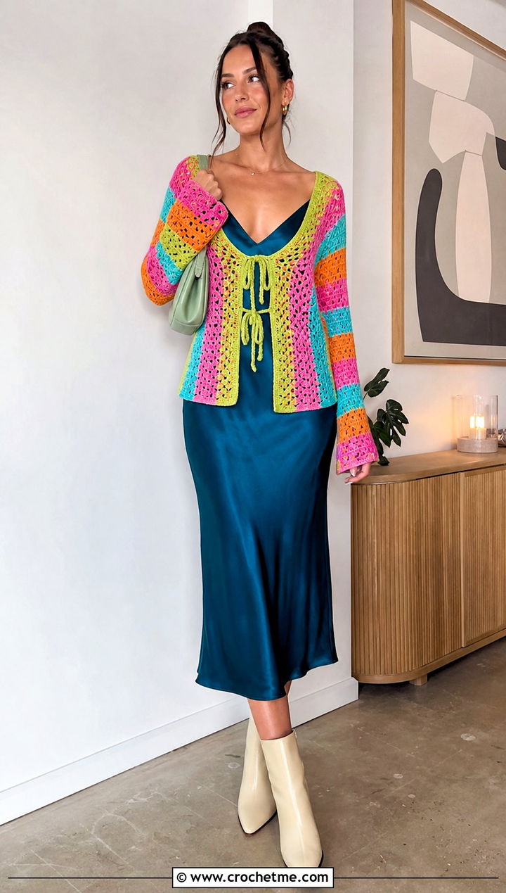 Rainbow Tie Front Crochet Top With Slip Dress - 25 rainbow crochet top outfit ideas