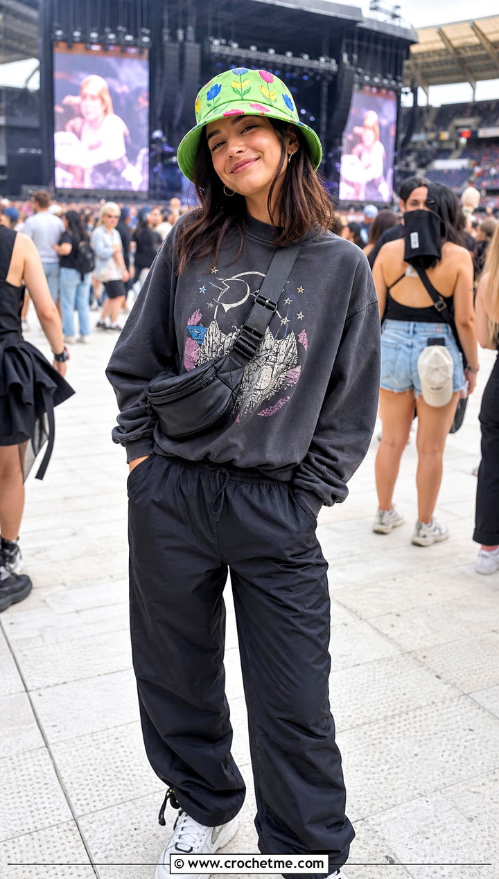 Rainbow Tulip Bucket Hat With Graphic Sweatshirt And Parachute Pants - 30 crochet tulip hat outfit ideas