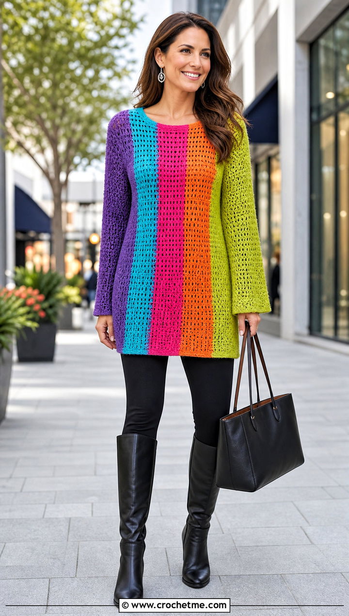 Rainbow Tunic Crochet Sweater With Leggings And Boots - 15 bright rainbow crochet sweater outfit ideas