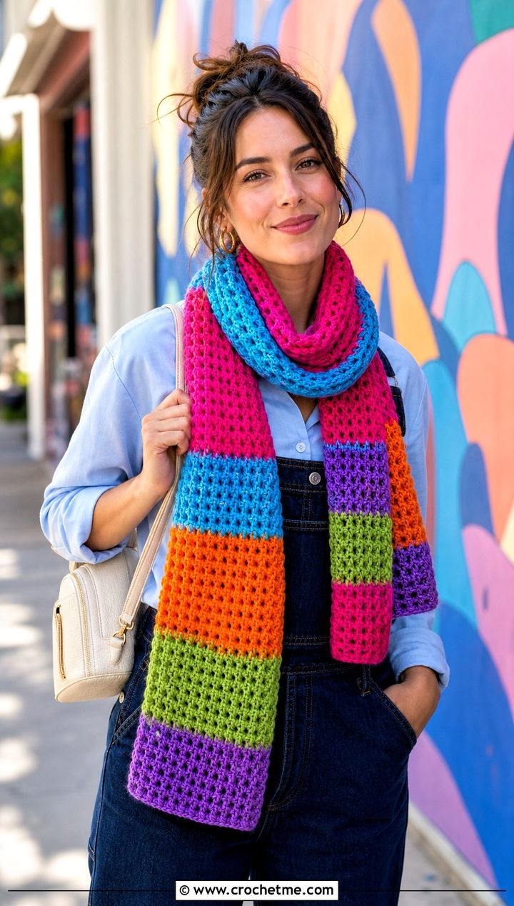 Rainbow Waffle Stitch Crochet Scarf With Overalls - 30 waffle stitch crochet scarf outfit ideas