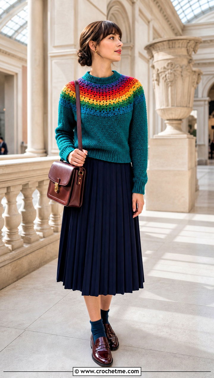 Rainbow Yoke Crochet Sweater With Pleated Midi Skirt - 20 Crochet Rainbow Sweater outfit ideas