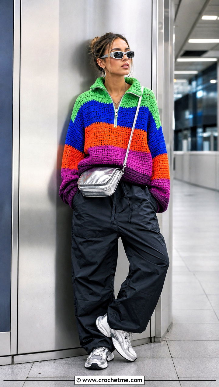Rainbow Zip Neck Crochet Sweater With Parachute Pants - 15 bright rainbow crochet sweater outfit ideas