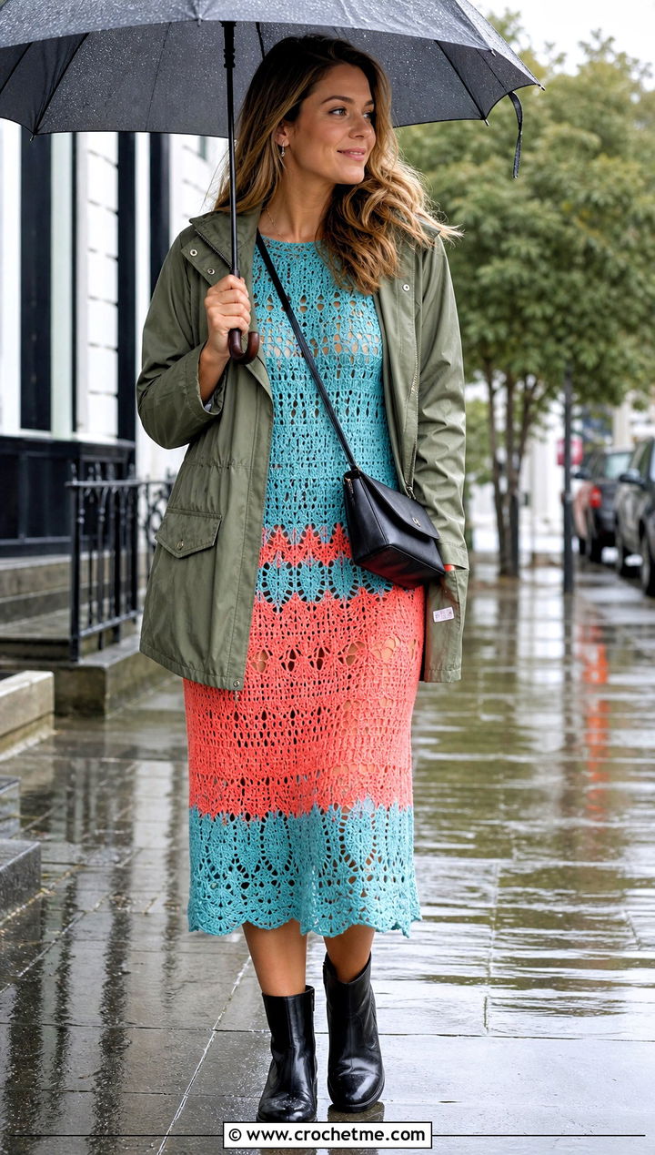 Rainy Day Color Block Crochet Dress With Utility Jacket - 15 Crochet Dress 12 Months outfit ideas