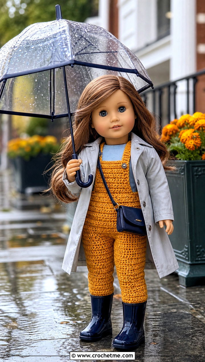 Rainy Day Crochet Doll Overalls With Trench Coat - 30 crochet doll overalls outfit ideas