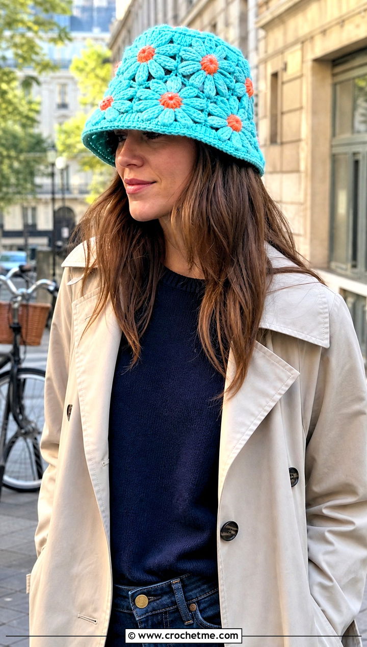 Raised Daisy Crochet Bucket Hat With Trench Coat - 25 daisy crochet bucket hat outfit ideas
