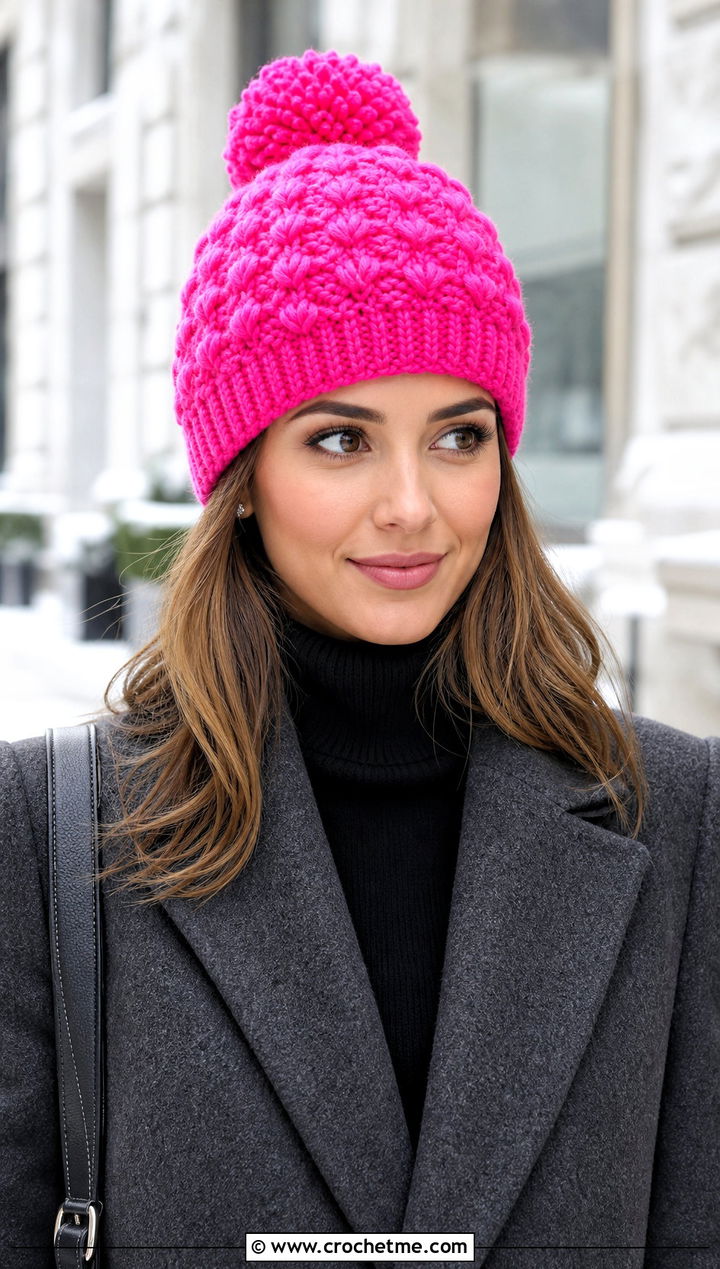 Raised Diamond Crochet Pom Pom Hat With Wool Coat - 15 Diamond Crochet Hat outfit ideas