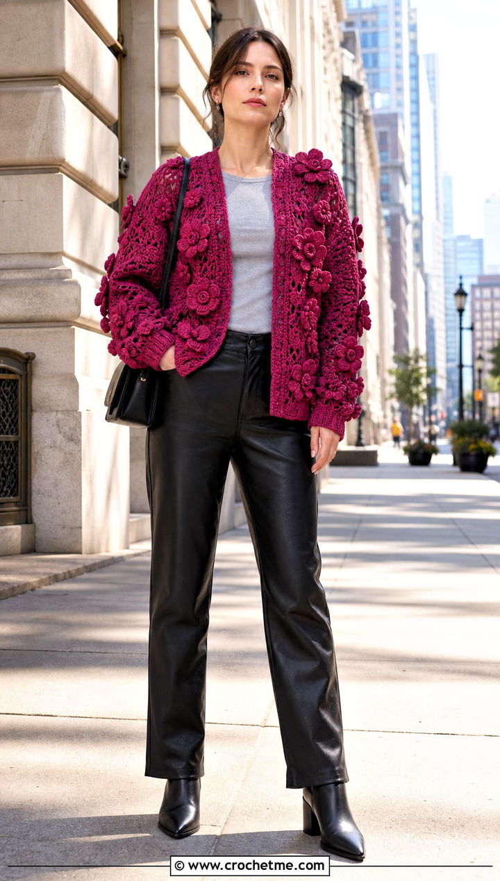 Raised Floral Irish Crochet Cardigan With Leather Pants - 25 Irish Crochet Cardigan outfit ideas