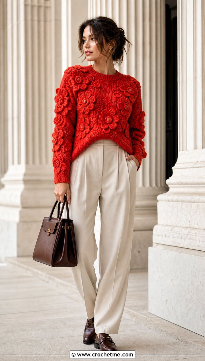 Raised Flower Crochet Sweater With Pleated Trousers - 30 crochet flower sweater outfit ideas