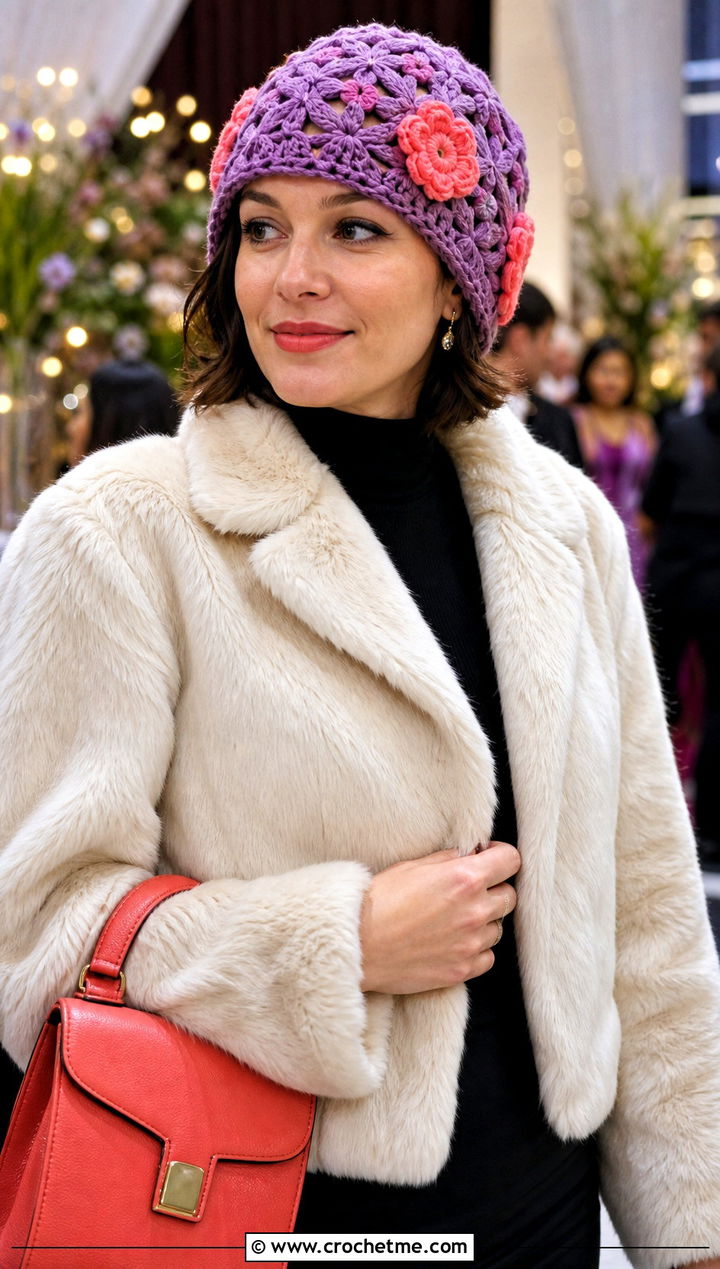 Raised Flower Granny Square Beanie With Faux Fur Coat - 30 granny square beanie outfit ideas