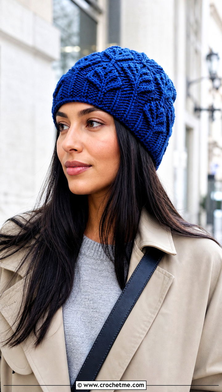 Raised Leaf Beanie With Trench Coat - 25 Crochet Leaf Hat outfit ideas