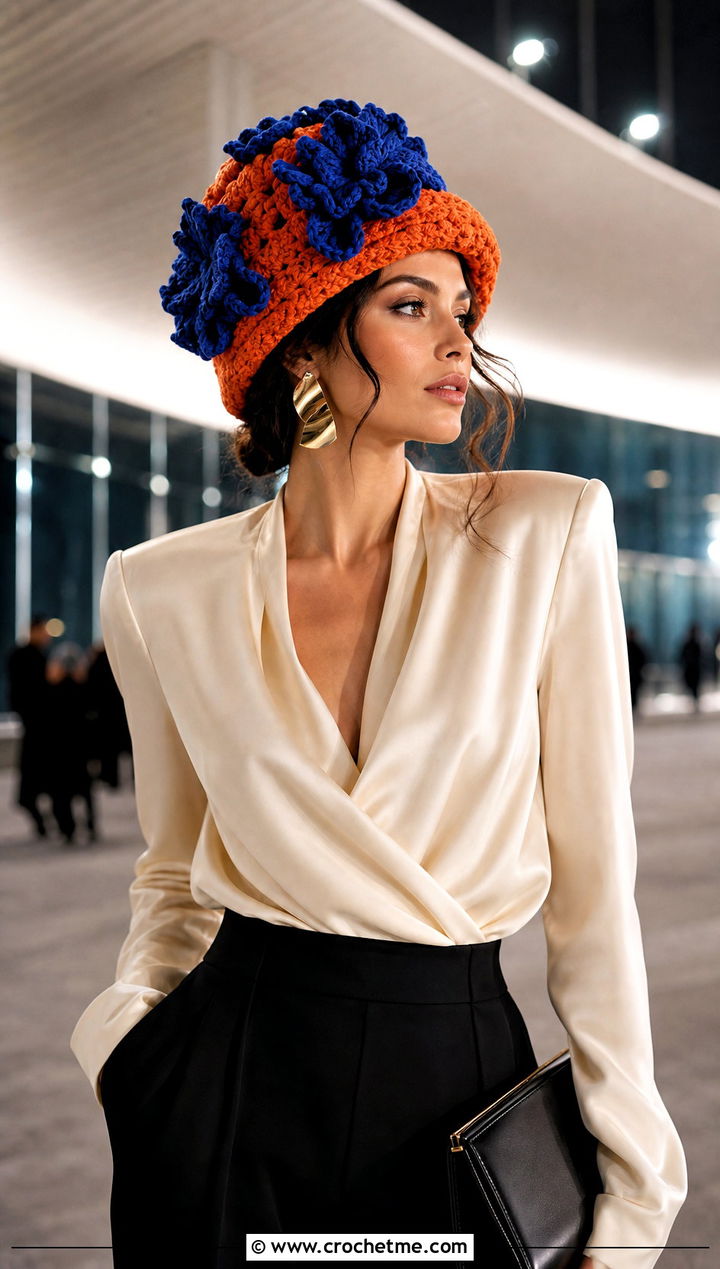 Raised Petal Crochet Beanie With Evening Separates - 30 crochet flower beanie outfit ideas