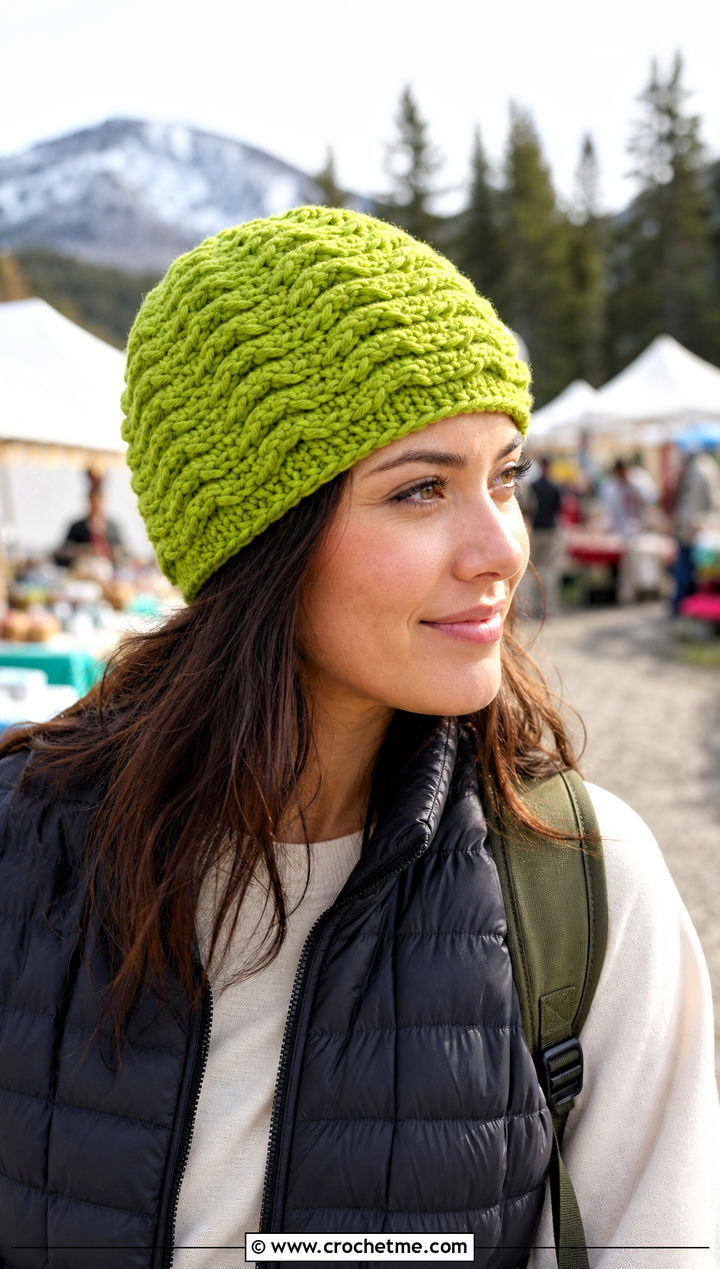 Raised Ripple Alpine Stitch Hat With Puffer Vest - 15 Alpine Stitch Crochet Hat outfit ideas