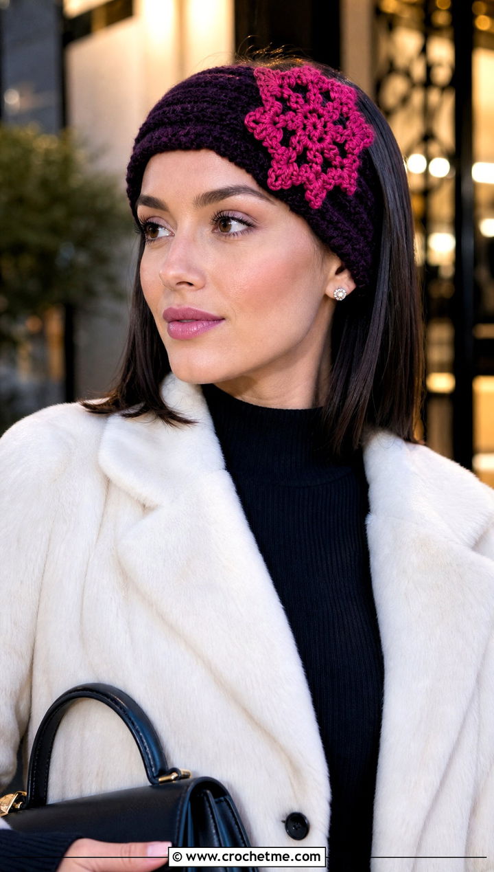 Raised Snowflake Headband With Faux Fur Coat - 20 Crochet Snowflake Headband outfit ideas