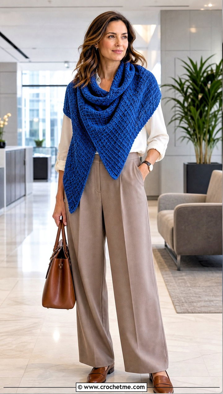 Raised Stitch Triangle Shawl With Blouse And Wide Leg Trousers - 35 Easy Simple Crochet Triangle Shawl outfit ideas