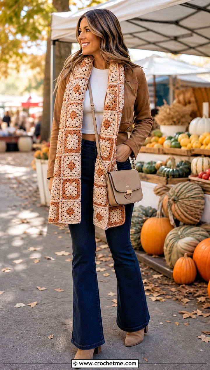 Raised Texture Granny Square Scarf With Suede Jacket And Flared Jeans - 35 granny square crochet scarf outfit ideas
