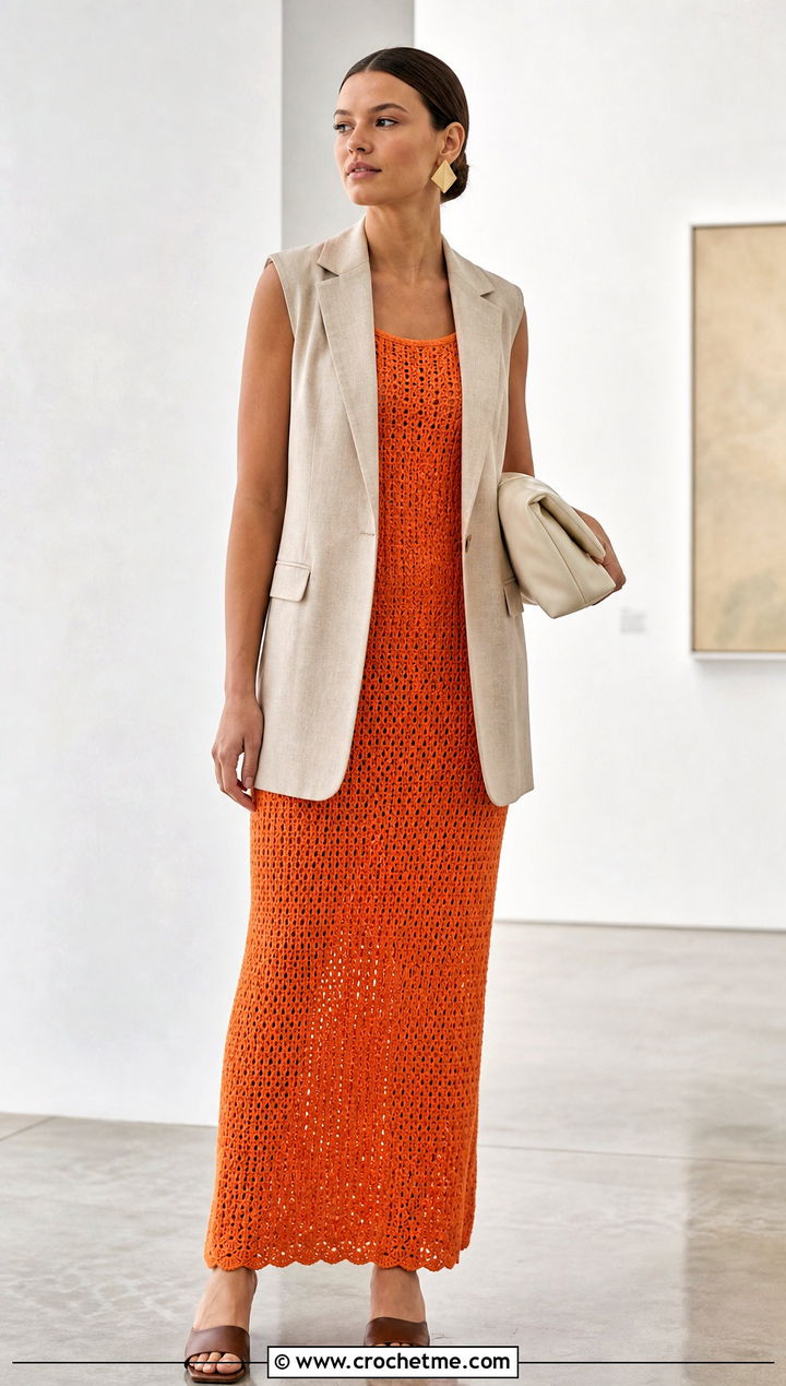 Ralph Lauren Open Knit Crochet Column Dress With Tailored Vest - 15 Ralph Lauren Crochet Dress outfit ideas