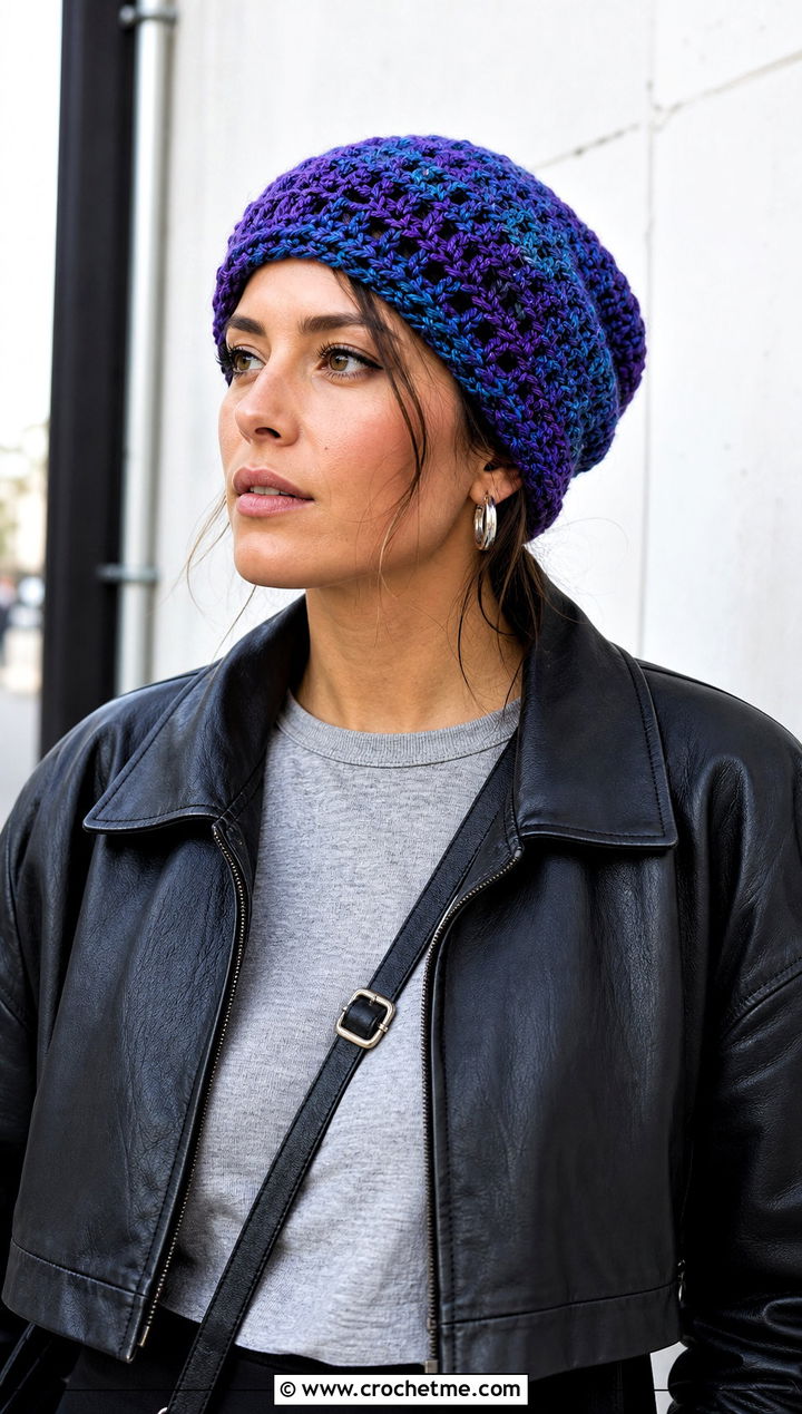 Randall Slouchy Crochet Hat With Leather Jacket - 25 Monsters Inc Crochet Hat outfit ideas