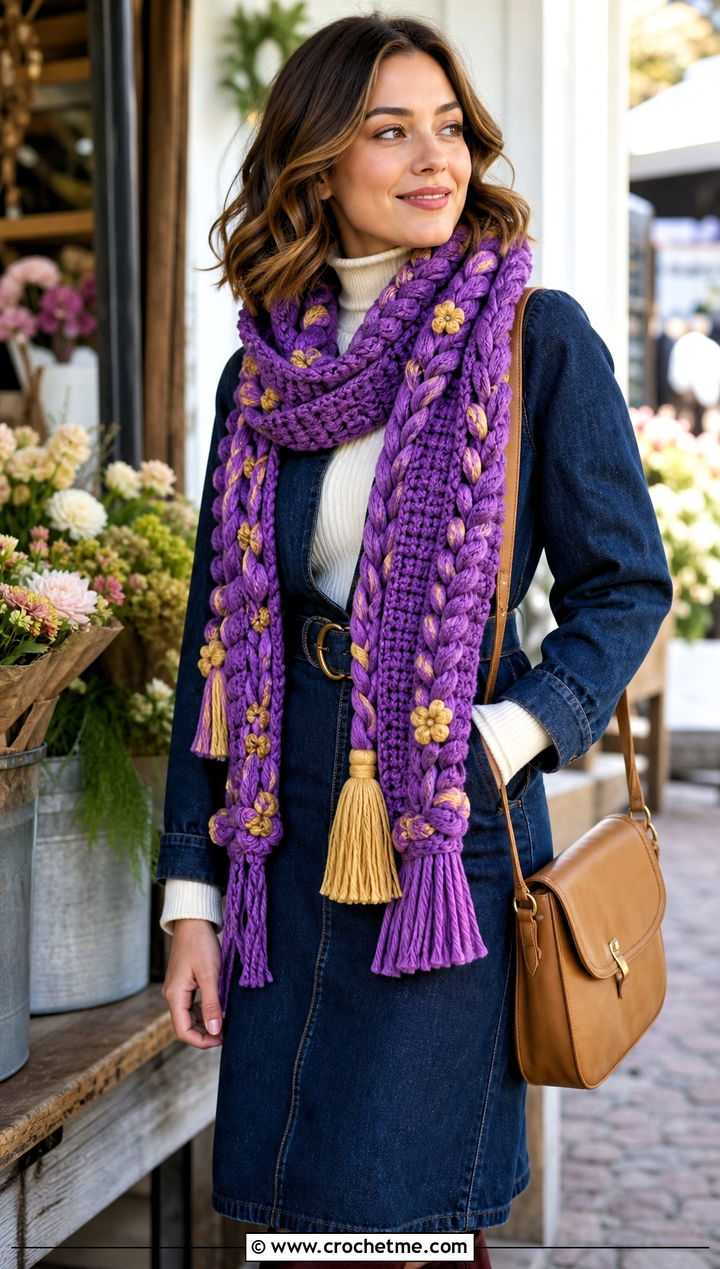 Rapunzel Bobble Crochet Scarf With Denim Dress - 20 Crochet Disney Scarf outfit ideas