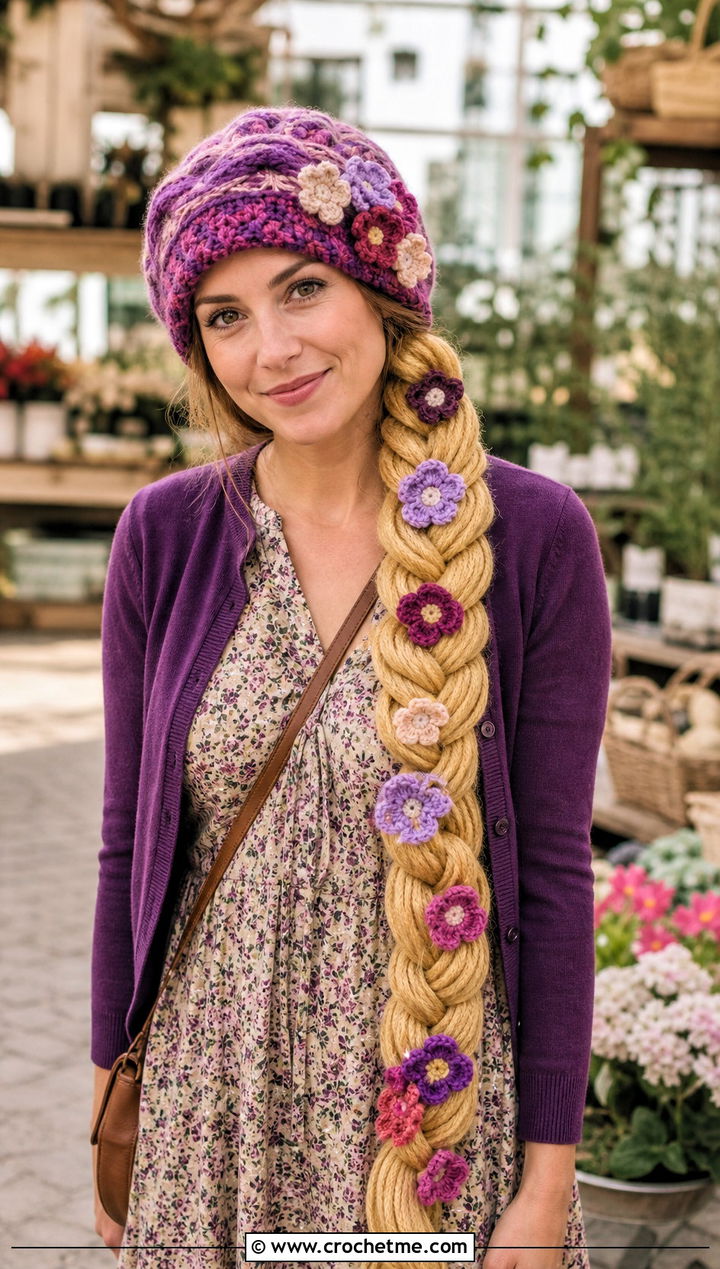 Rapunzel Braid Beanie With Floral Maxi Dress - 25 Crochet Disney Beanie outfit ideas