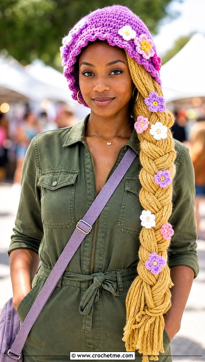 Rapunzel Braid Hat With Utility Jumpsuit - 30 disney crochet hat outfit ideas