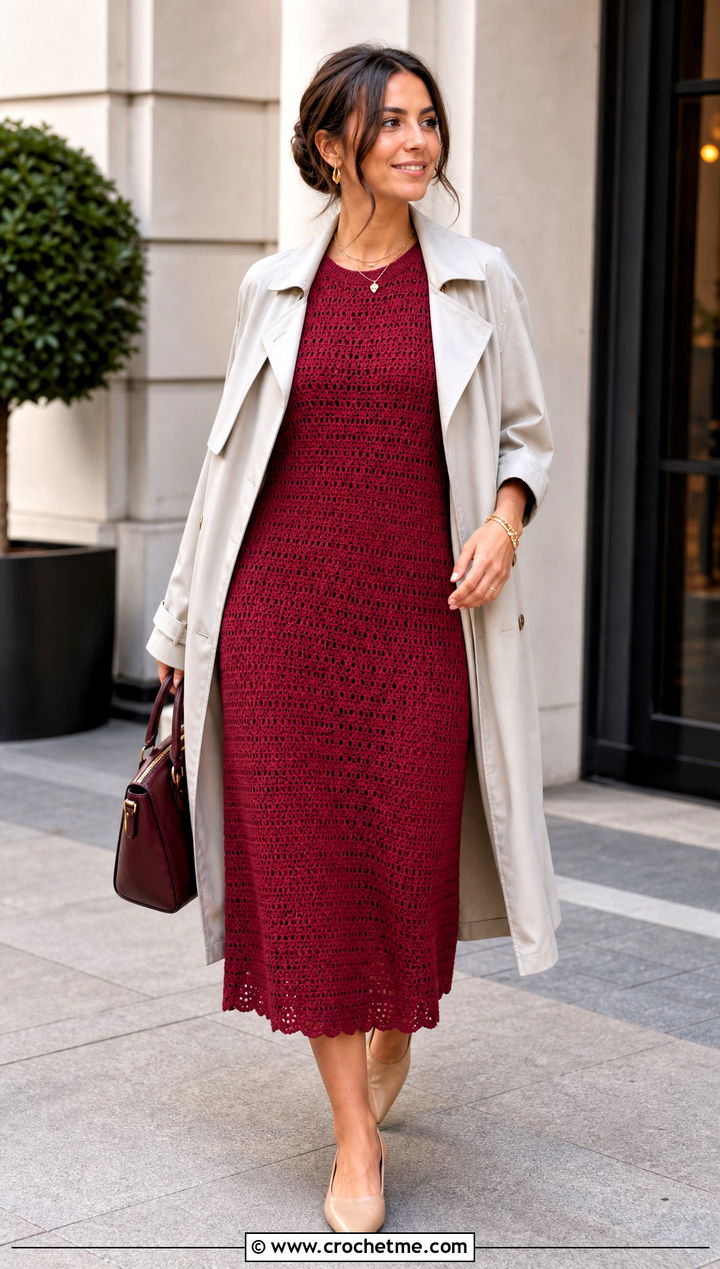 Raspberry A Line Crochet Midi Dress With Trench Coat - 35 crochet barbie dress outfit ideas