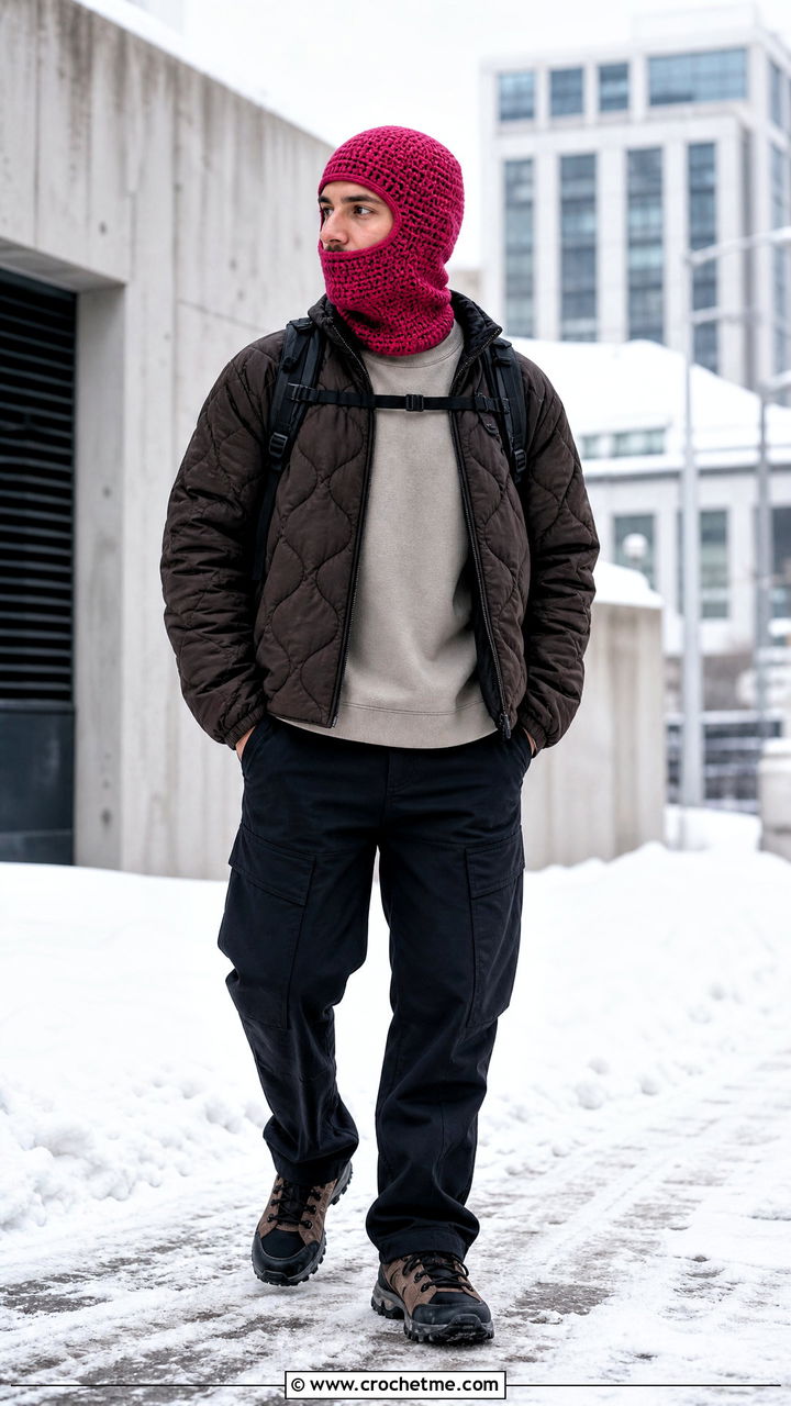 Raspberry Crochet Balaclava Hat With Quilted Jacket - 35 mens crochet hats outfit ideas