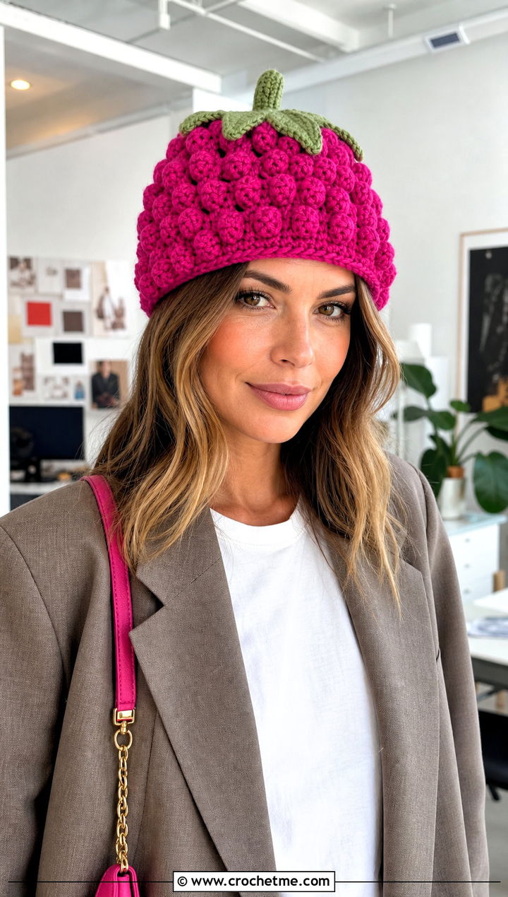 Raspberry Crochet Beanie With Oversized Suit - 30 crochet fruit beanie outfit ideas