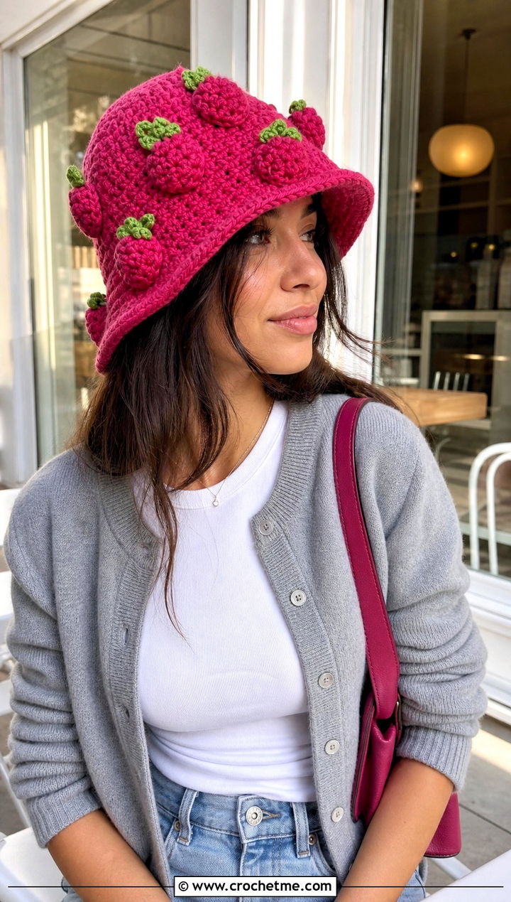 Raspberry Crochet Fruit Bucket Hat With Knit Cardigan - 25 crochet fruit bucket hat outfit ideas