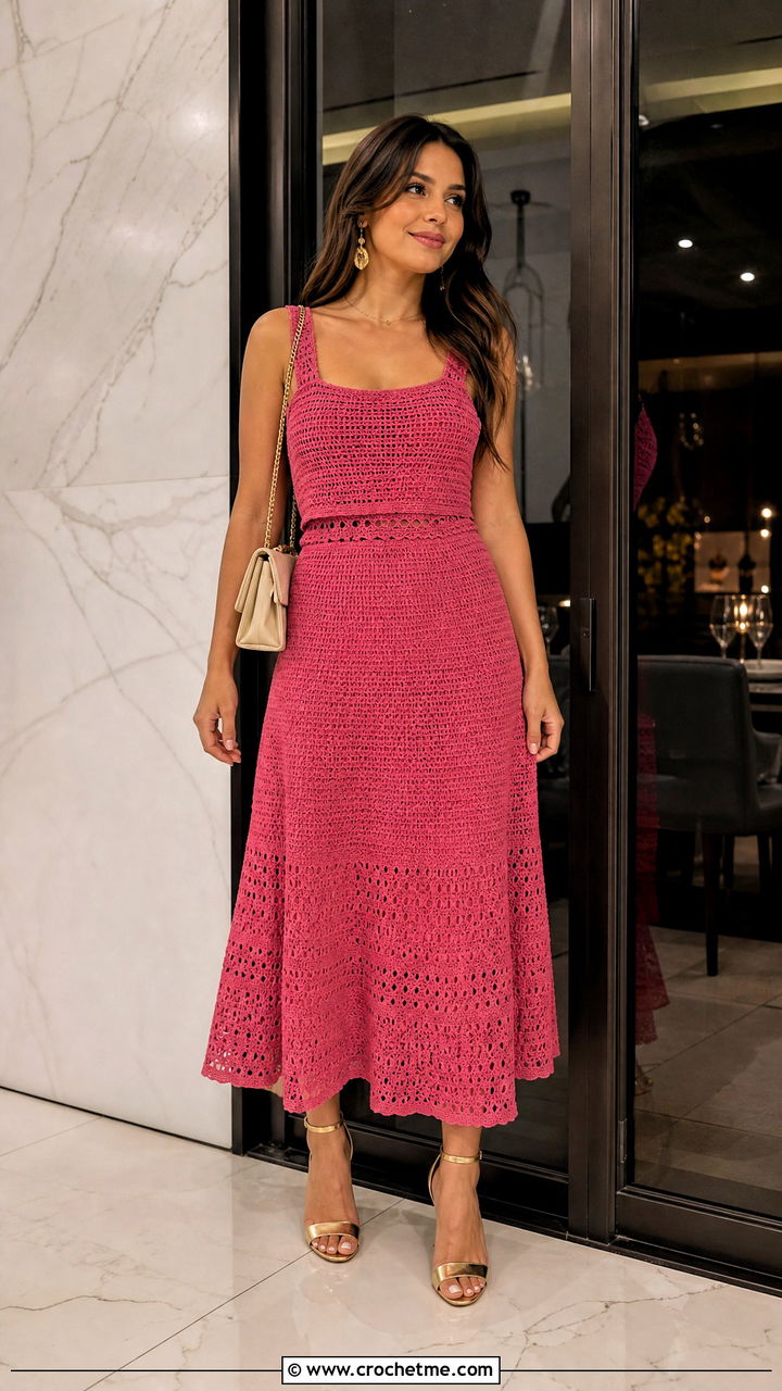 Raspberry Crochet Skirt Set With Gold Heels - 35 crochet birthday outfit ideas
