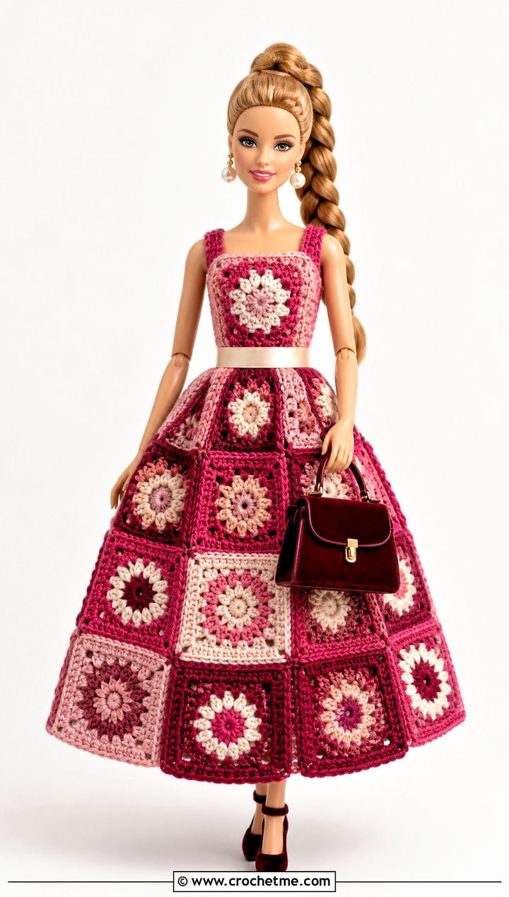 Raspberry Granny Square Crochet Barbie Ball Gown - 30 crochet barbie ball gowns outfit ideas