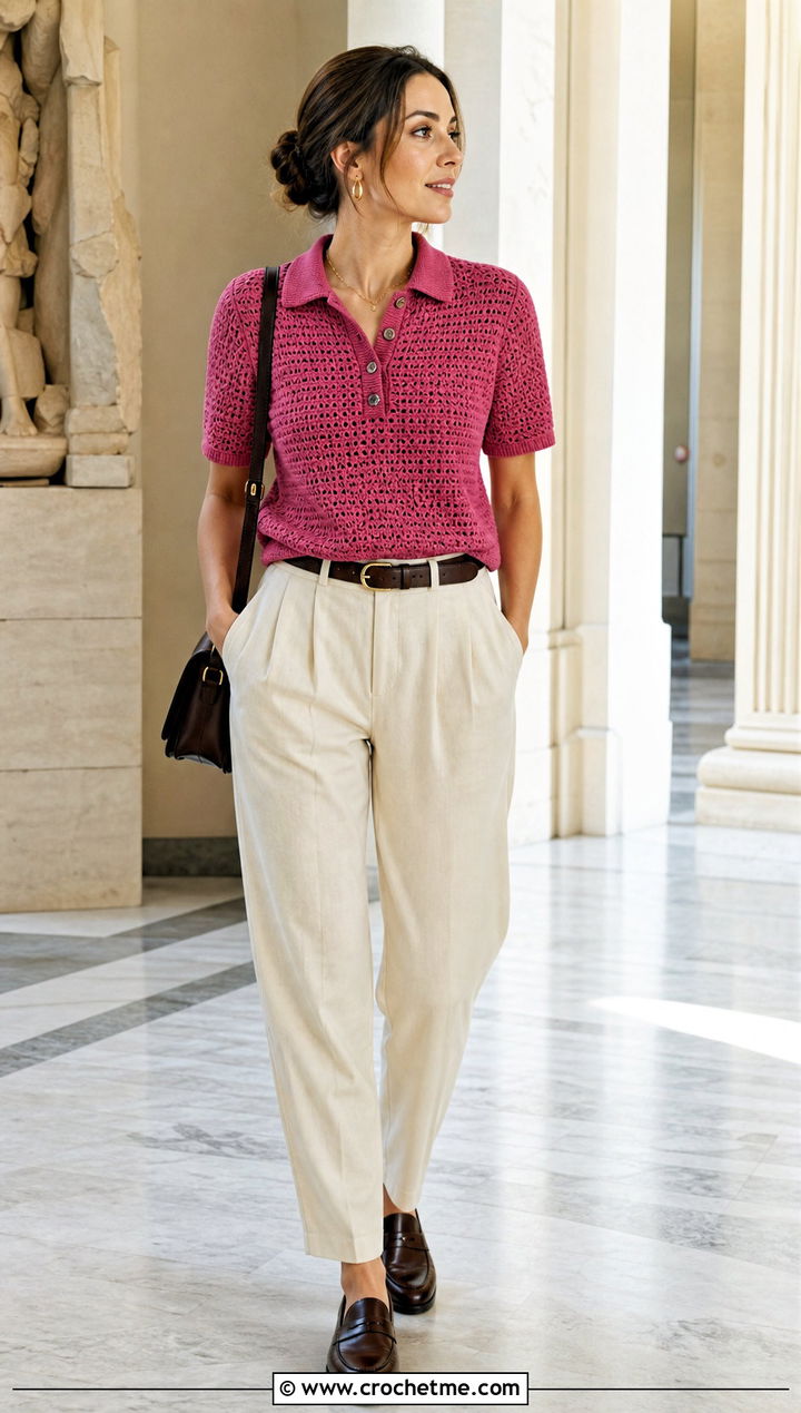 Raspberry Pink Crochet Polo With Pleated Trousers - 35 pink crochet outfit ideas