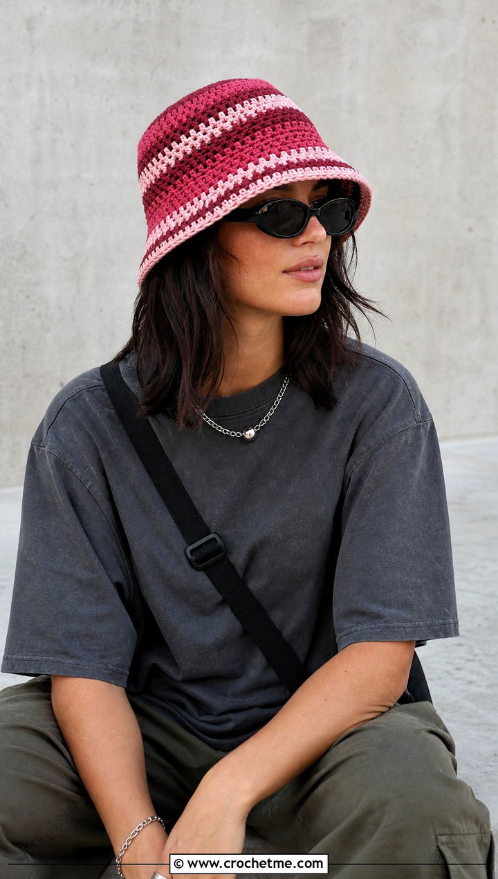 Raspberry Striped Crochet Bucket Hat With Cargo Pants - 15 pink crochet bucket hat outfit ideas