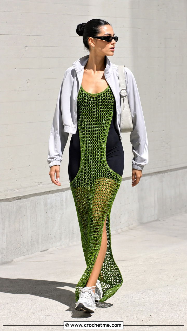 Rat And Boa Mazzini Crochet Maxi Dress With Track Jacket And Sneakers - 15 rat and boa crochet dress outfit ideas
