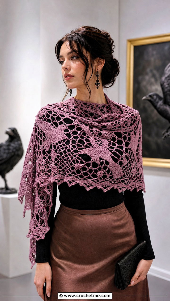 Raven Lace Shawl With Satin Skirt and Knit Top - 25 halloween crochet shawl outfit ideas