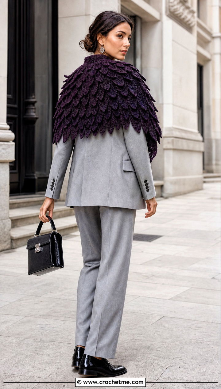 Raven Wing Shawl With Gray Suit - 30 Crochet Wing Shawl outfit ideas