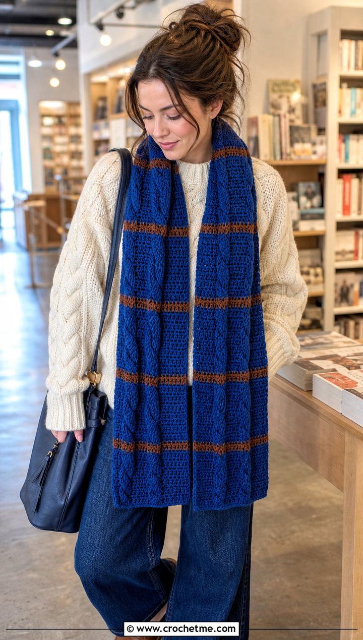 Ravenclaw Cable Texture Crochet Harry Potter Scarf With Wide Leg Jeans - 35 crochet harry potter scarf outfit ideas