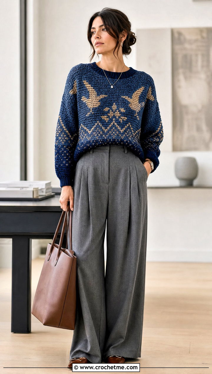 Ravenclaw Colorwork Crochet Sweater With Pleated Trousers - 35 crochet harry potter sweater outfit ideas