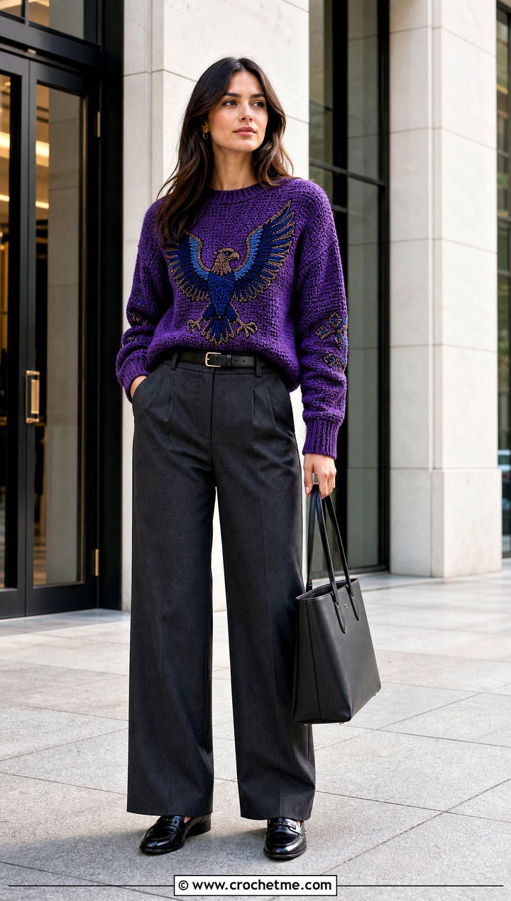 Ravenclaw Eagle Crochet Sweater With Wide Leg Trousers - 25 Harry Potter Crochet Sweater outfit ideas