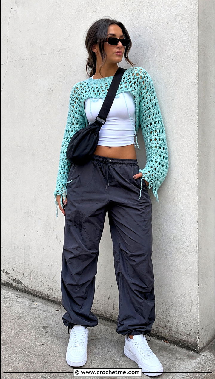 Raw Edge Distressed Crochet Sweater With Parachute Pants - 35 distressed crochet sweater outfit ideas